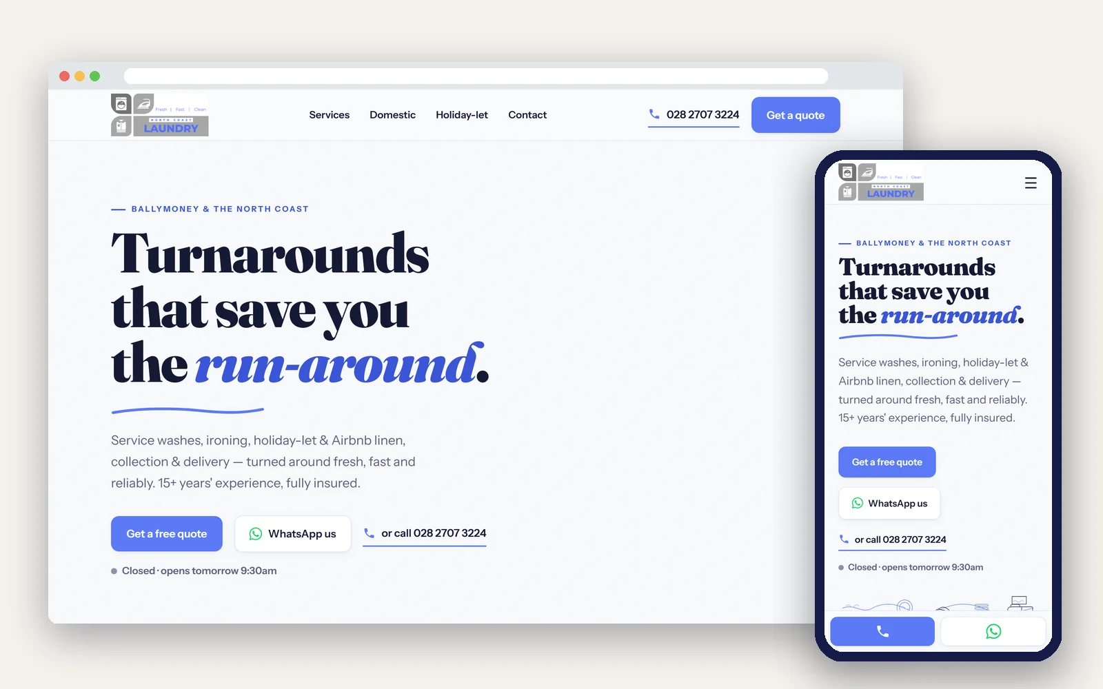 The North Coast Laundry website on desktop and mobile — 'Turnarounds that save you the run-around'